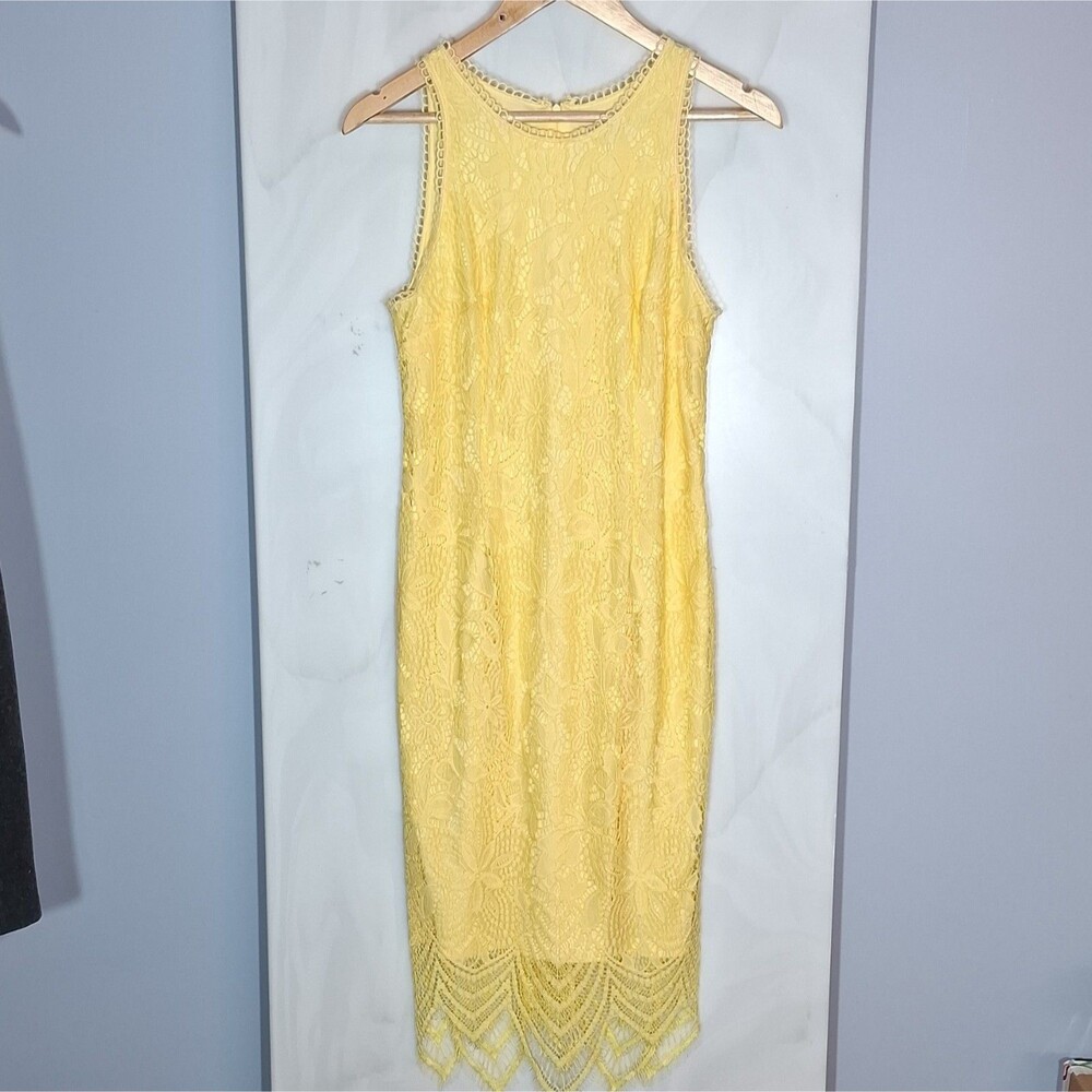 Cato Yellow Floral Lace Sheath Maxi Dress 6 Scalloped Hem Cottagecore Romantic